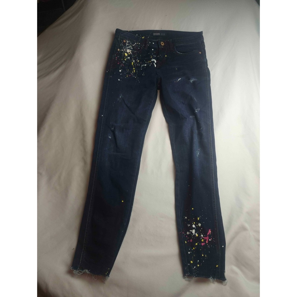 Zara Basic Z1975 Denim Jeans Womens 6 Blue Denim Paint Splatter Artsy Indie Chic